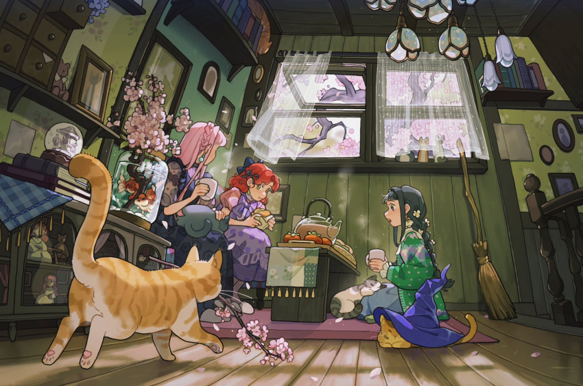 3girls :o animal animal_on_lap black_hair book bow braid branch broom cat cat_on_lap cherry_blossoms commentary crown_braid cup curtains day dress earrings eating english_commentary falling_petals fish fishbowl food from_below fruit green_eyes green_sweater hair_bow hat highres holding holding_cup holding_food indoors jar jewelry jidu_que_mi_de_xiao_caocao kettle long_hair long_sleeves mandarin_orange mug multiple_girls on_lap open_mouth orange_cat original petals photo_(object) pink_hair polka_dot polka_dot_dress puffy_short_sleeves puffy_sleeves purple_dress railing red_hair rug scenery seiza shelf short_bangs short_sleeves single_braid sitting steam stuffed_animal stuffed_toy sweater tassel teddy_bear tree unworn_hat unworn_headwear wallpaper_(object) wide_shot wind window witch_hat wooden_floor