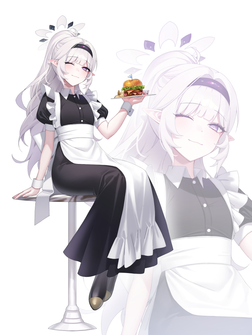 1girl ;) ;3 absurdres alternate_costume alternate_hairstyle apron arm_support bar_stool blue_archive blunt_bangs burger commentary_request enmaided food frilled_apron frills full_body hairband halo highres himari_(blue_archive) holding holding_tray long_hair looking_at_viewer maid maid_apron one_eye_closed pointy_ears ponytail puffy_short_sleeves puffy_sleeves purple_eyes raki_kr short_sleeves sidelocks simple_background sitting smile solo stool tray white_hair wrist_cuffs zoom_layer