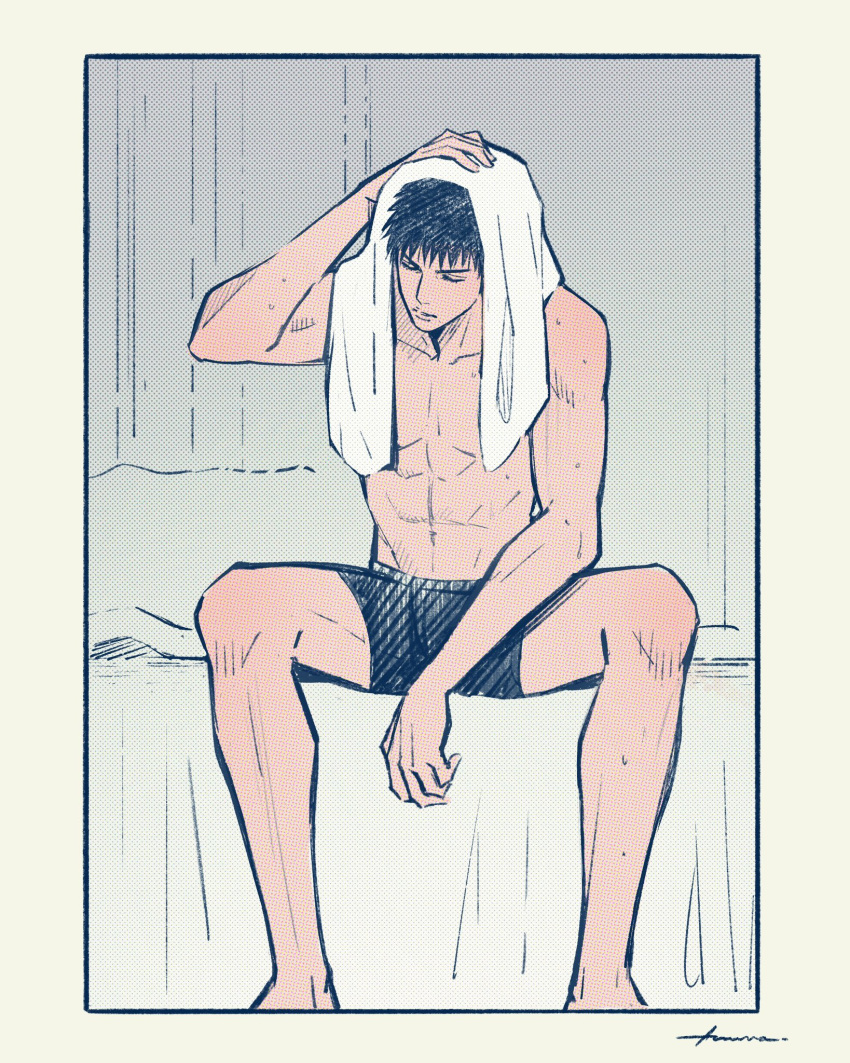 1boy abs azzurro_000 black_hair black_male_underwear closed_eyes drying drying_hair feet_out_of_frame highres indoors male_focus male_underwear mitsui_hisashi scar scar_on_chin scar_on_face short_hair sitting slam_dunk_(series) solo topless_male towel towel_on_head underwear underwear_only wet