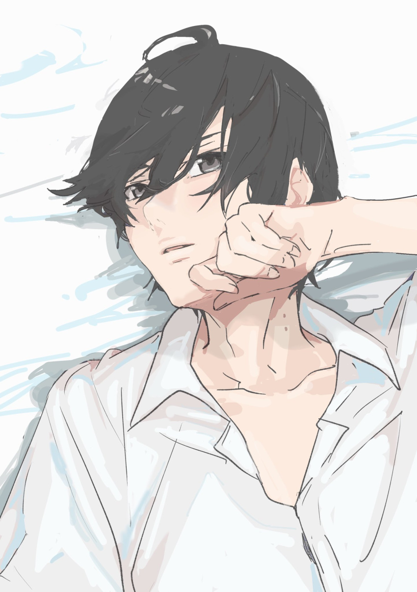 1boy ahoge araragi_koyomi bed_sheet black_hair brown_eyes collarbone collared_shirt commentary curled_fingers dress_shirt from_above hair_between_eyes hand_on_own_cheek hand_on_own_face hand_up highres looking_at_viewer lying male_focus messy_hair monogatari_(series) on_back on_bed parted_lips shirt usa003uni white_shirt