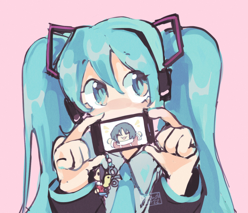 2girls aqua_eyes aqua_hair aqua_necktie black_sleeves blue_hair blush cellphone character_charm charm_(object) crossover hatsune_miku headset highres holding holding_phone long_hair multiple_girls necktie nichijou phone school_uniform shinonome_nano shipping_(fandom) shirt short_hair signature smartphone snowii_cat vocaloid