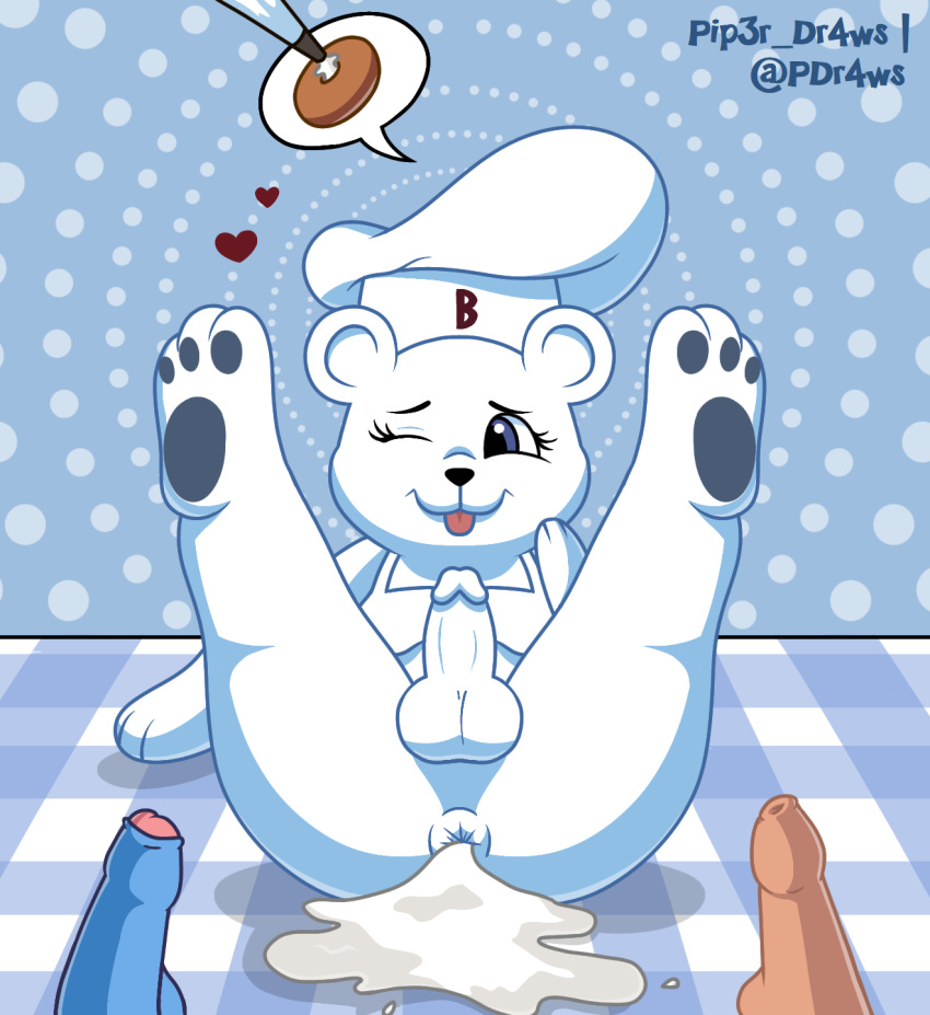 2024 3_toes ambiguous_gender anthro anus bakery balls bear bimbo_(bakery) bimbo_bear blue_eyes bodily_fluids bread breasts clothed clothing cum cum_in_ass cum_inside feet food foreskin fur genital_fluids genitals group heart_symbol hi_res human insemination_request intersex intersex/male male mammal mascot one_eye_closed paws penis pip3r_dr4ws puffy_anus spread_legs spreading toes tongue tongue_out trio white_body white_fur wink