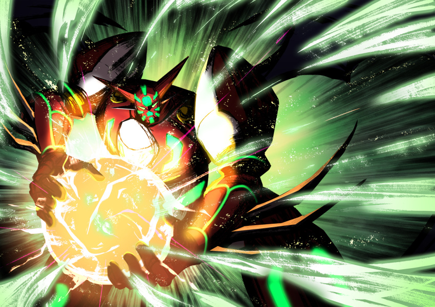 arm_blade armor dtcy energy_ball getter_rays getter_robo glowing glowing_eyes glowing_lines green_light light_particles looking_at_viewer mecha multicolored_armor orange_light pink_light red_armor robot shin_getter-1 shin_getter_robo spikes stoner_sunshine super_robot weapon white_armor