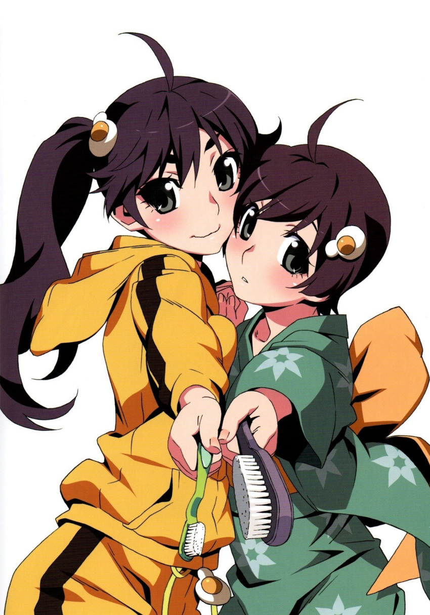 2girls :&lt; ahoge aqua_kimono araragi_karen araragi_tsukihi black_eyes black_hair black_jacket black_pants blush brown_eyes closed_mouth commentary egg_hair_ornament face-to-face floral_print food-themed_hair_ornament fried_egg from_side hair_between_eyes hair_brush hair_ornament heads_together highres holding holding_hair_brush holding_hands holding_toothbrush hood hood_down jacket japanese_clothes kimono long_hair long_sleeves looking_at_viewer looking_to_the_side monogatari_(series) multicolored_clothes multicolored_jacket multiple_girls non-web_source obi official_art outstretched_arm pants sash scan short_hair siblings side_ponytail simple_background single_vertical_stripe sisters smile toothbrush track_jacket track_pants two-tone_jacket two-tone_pants upper_body watanabe_akio white_background yellow_jacket yellow_pants yellow_sash