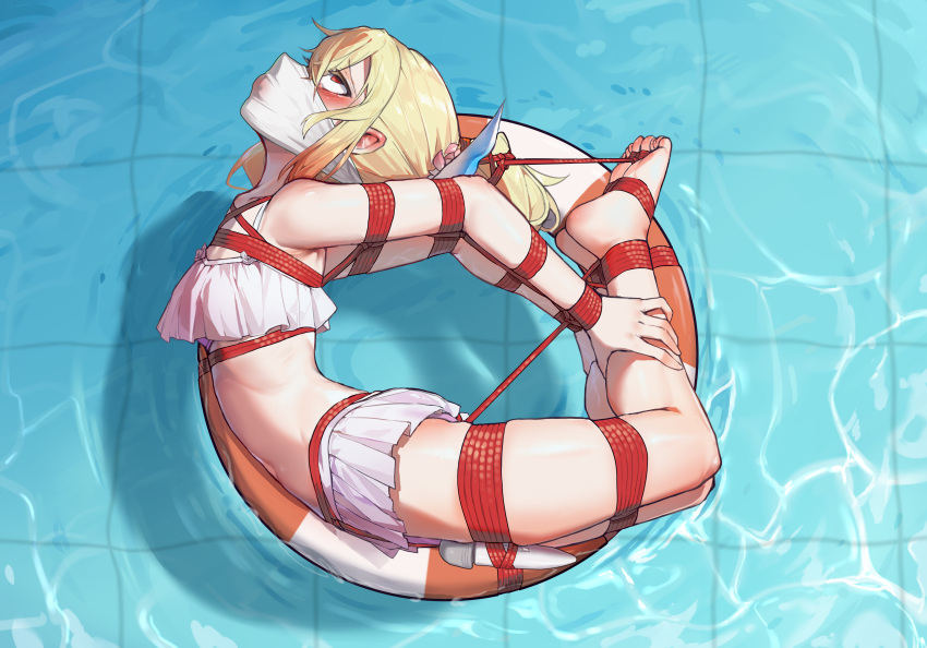 1girl absurdres afloat arched_back ball_gag bdsm bikini bikini_skirt blonde_hair bondage bound bound_arms bound_legs cloth_gag fuyou_lilienthal_yuuna gag gagged highres hitachi_magic_wand improvised_gag innertube over_the_nose_gag ponytail red_eyes restrained rolling_eyes sex_toy shibari solo swim_ring swimsuit tearing_up vibrator w white_bikini wiffle_gag xiongmao yuuki_yuuna_wa_yuusha_de_aru yuusha_de_aru