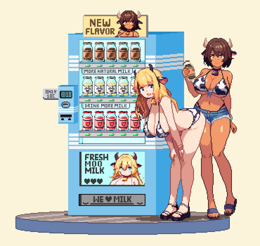 2girls absurdres animal_print bikini blonde_hair blue_eyes brown_hair chocolate_milk cow_girl cow_print cow_print_bikini dark-skinned_female dark_skin highres multiple_girls original pixel_art print_bikini sandals strawberry_milk swimsuit vending_machine whitte_komett