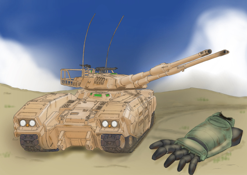 artist_request caterpillar_tracks cloud day desert flower gun gundam gundam_ms_igloo machine_gun military_vehicle mobile_suit_gundam motor_vehicle no_humans sky tank type_61_(gundam) weapon zaku_ii