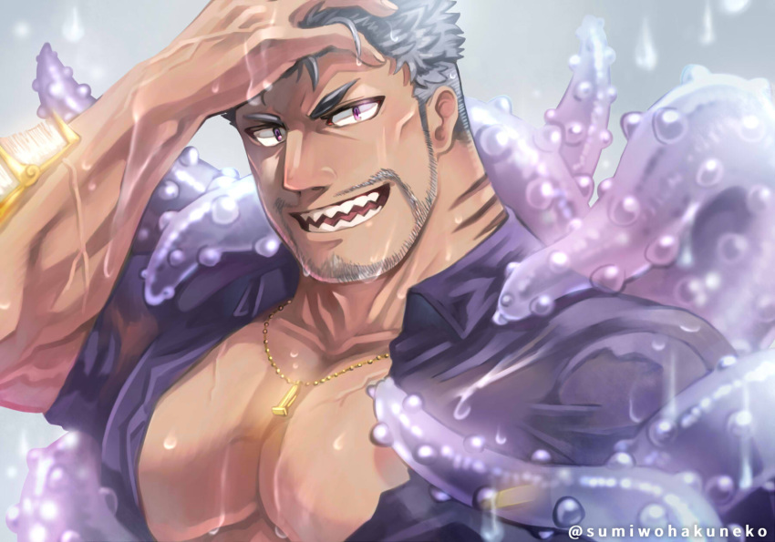 1boy bara bare_pectorals connected_beard dagon_(housamo) gills grey_hair hand_on_own_head highres jewelry large_pectorals looking_at_viewer male_focus necklace pectorals purple_eyes sharp_teeth short_hair solo sumi_wo_hakuneko teeth tentacles tokyo_afterschool_summoners upper_body