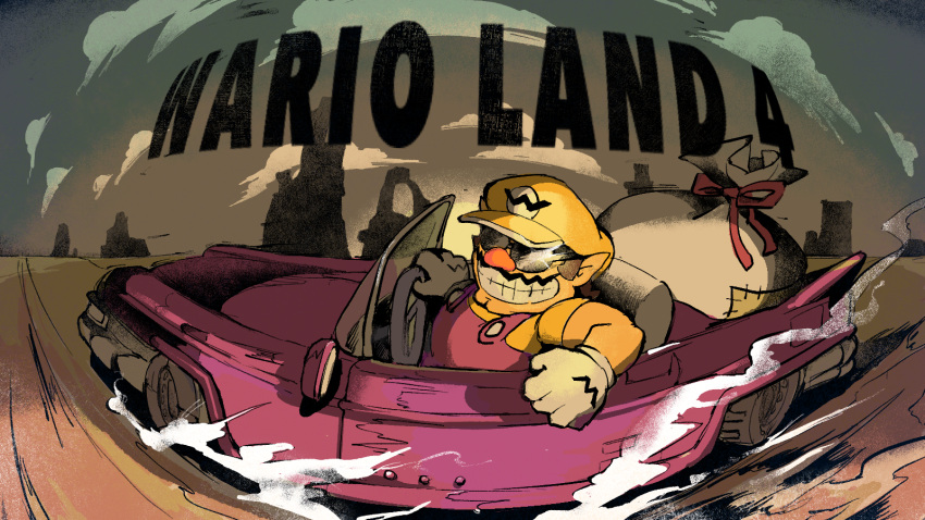 1boy bag big_nose brown_hair car cleft_chin cloud driving facial_hair gloves hat highres landscape motor_vehicle mustache overalls pointy_ears purple_overalls rinabee_(rinabele0120) shirt smirk sunglasses wario wario_land wario_land_4 white_gloves yellow_hat yellow_shirt