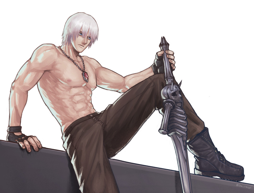 1boy abs bare_shoulders bishounen blue_eyes boots collarbone dante_(devil_may_cry) devil_may_cry_(series) devil_may_cry_3 fingerless_gloves gloves hair_between_eyes holding ika_vergi jewelry large_pectorals long_hair male_focus muscular muscular_male necklace pectorals rebellion_(sword) simple_background solo sword topless_male weapon white_background white_hair