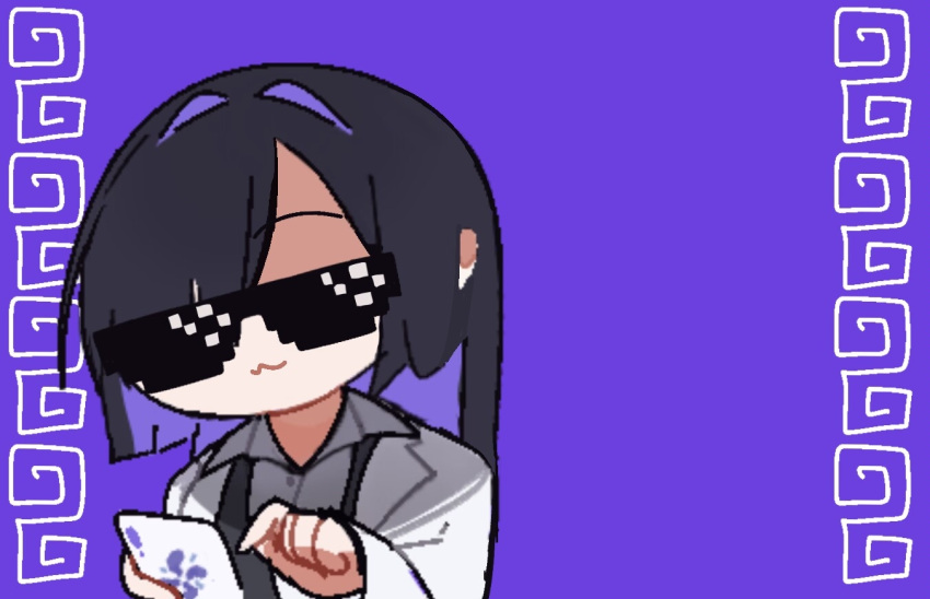 1girl :3 a.i._voice black_hair cellphone chibi chinese_commentary coat collared_shirt colored_inner_hair commentary_request covered_eyes deal_with_it_(meme) emptying002 grey_shirt hair_intakes holding holding_phone lab_coat long_hair long_sleeves meandros meme monmon_fanmoran_(vocaloid) multicolored_hair open_clothes open_coat parody phone purple_background purple_hair shirt simple_background smartphone solo sunglasses upper_body white_coat yogatari_tobari