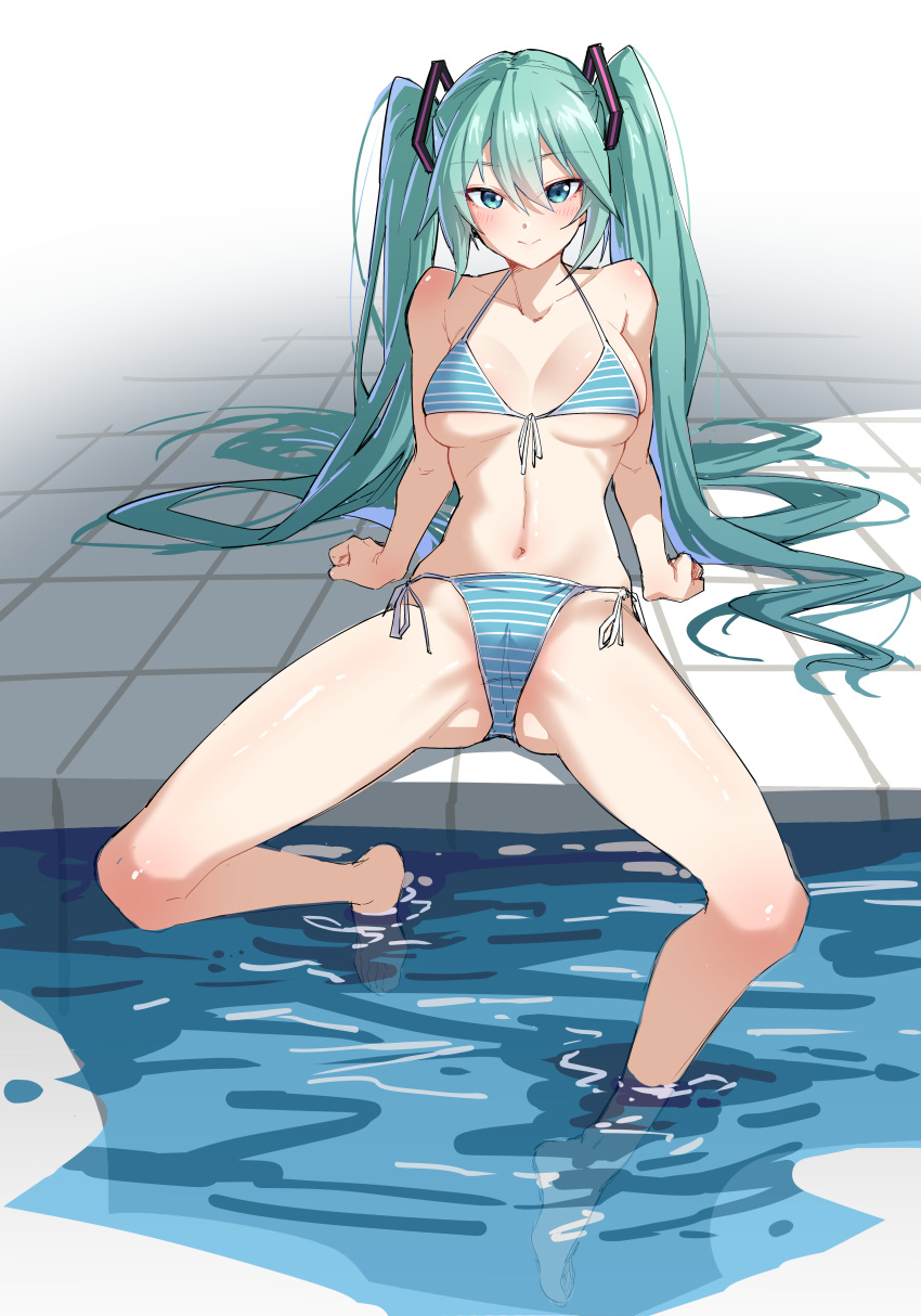 1girl :&gt; absurdres arm_support bare_arms bare_legs bare_shoulders barefoot bikini blush breasts chinese_commentary chubb collarbone commentary_request feet front-tie_bikini_top front-tie_top green_eyes green_hair hair_between_eyes hair_ornament halterneck hatsune_miku highres large_breasts long_hair looking_at_viewer navel pool poolside side-tie_bikini_bottom skindentation soaking_feet solo split_mouth spread_legs stomach string_bikini striped_bikini striped_clothes swimsuit tile_floor tiles toes twintails underboob very_long_hair vocaloid water