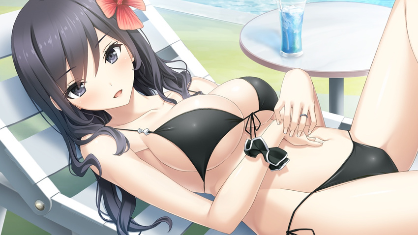 beach bikini black_bikini black_eyes black_hair breasts cleavage flower front-tie_top game_cg hair_flower hair_ornament haru_kiss hyoudou_amane jewelry large_breasts leg_up looking_at_viewer lying mikoto_akemi on_back ring scrunchie side-tie_bikini smile solo swimsuit wrist_scrunchie