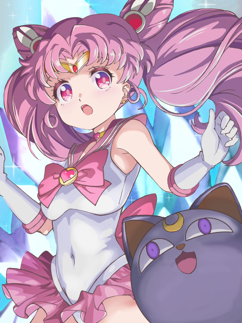 1girl absurdres bishoujo_senshi_sailor_moon bow brooch chibi_usa choker cone_hair_bun covered_navel cowboy_shot double_bun elbow_gloves gloves hair_bun heart heart_brooch heart_choker highres jewelry leotard long_hair luna-p oota_satoshi_(miux) pink_bow pink_hair pink_sailor_collar pink_skirt red_eyes sailor_chibi_moon sailor_collar sailor_senshi_uniform skirt tiara twintails white_gloves white_leotard