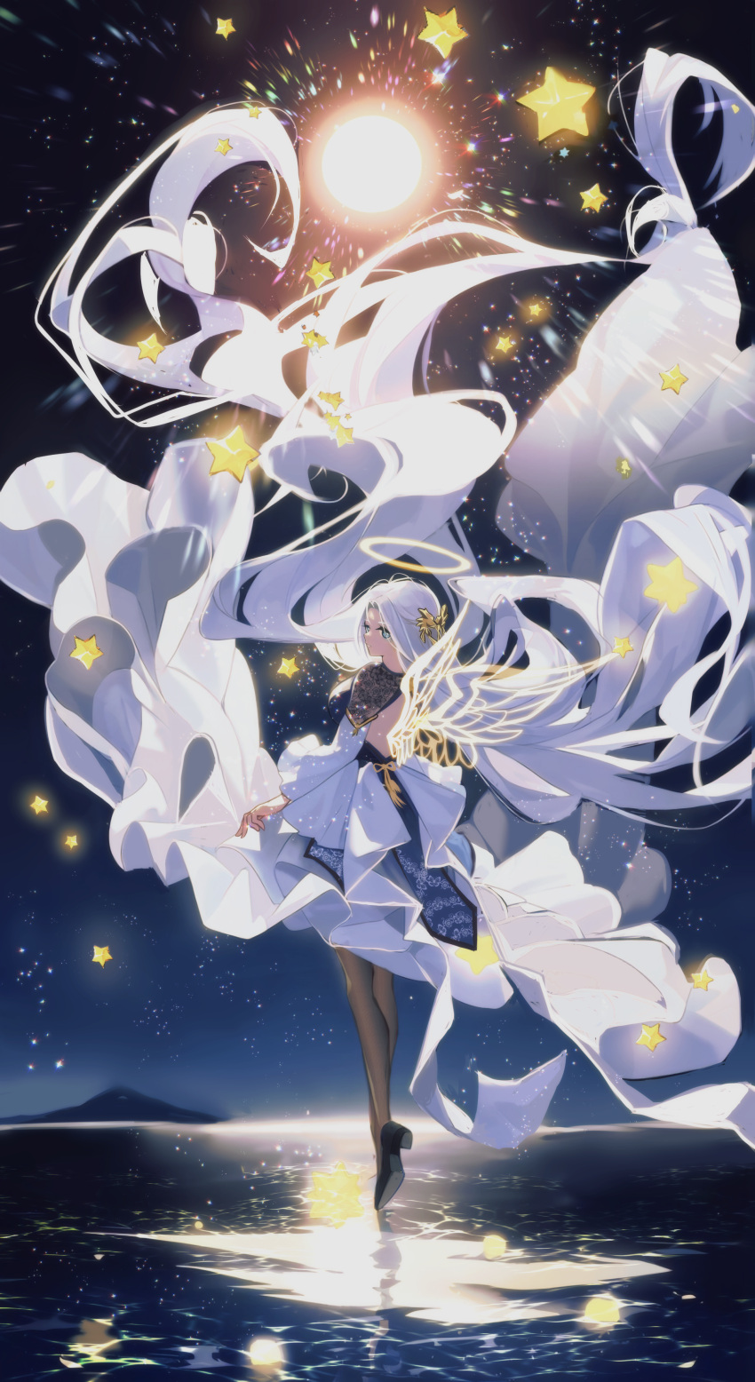 1girl absurdres black_pantyhose blue_eyes dress from_behind fujiya_takao hair_ornament halo highres long_hair original pantyhose sky solo star_(sky) starry_sky very_long_hair water white_hair wings