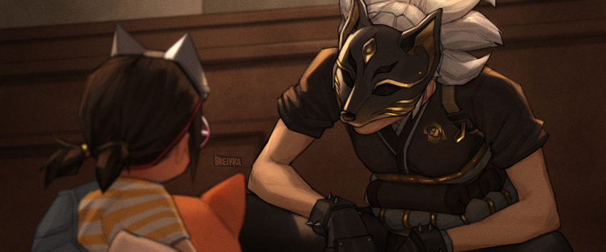 2girls alternate_universe breikka dark_persona fox_mask hashimoto_kiriko kiriko_(overwatch) mask multiple_girls official_alternate_costume overwatch overwatch_2 role_reversal scene_reference squatting tagme white_hair