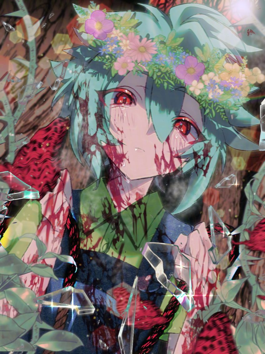 1boy basil_(headspace)_(omori) basil_(omori) blood blood_on_clothes blood_on_face blue_overalls closed_mouth collared_shirt colored_eyelashes colored_skin expressionless flower food fruit green_hair green_shirt head_wreath highres holding holding_knife kauchi_(kani10cauchi) knife looking_at_viewer official_alternate_eye_color omori overalls red_eyes shirt short_hair solo watermelon white_skin