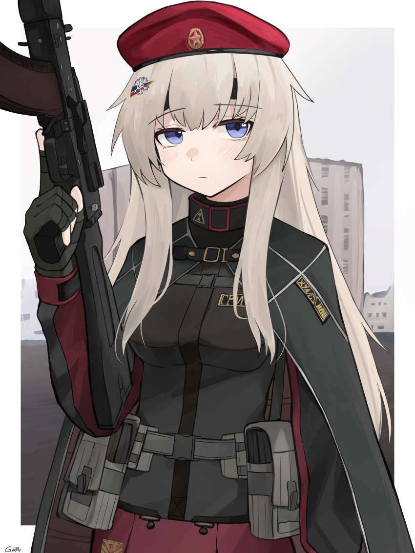 1girl absurdres ak-74m ak74m_(girls'_frontline) assault_rifle beret breasts building camouflage_cloak camouflage_gloves ear_protection gamryous girls'_frontline gun hair_ornament hat highres holding holding_gun holding_weapon kalashnikov_rifle light_brown_hair long_hair looking_afar medium_breasts purple_eyes red_star revision rifle russia russian_flag simple_background snowflake_hair_ornament solo star_(symbol) tactical_clothes weapon