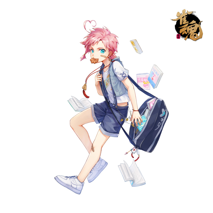 1boy absurdres aqua_eyes bag bandaid bandaid_on_face bandaid_on_knee bandaid_on_leg book bracelet cookie earrings food food_in_mouth highres jewelry logo mahjong mahjong_soul mahjong_tile male_focus necklace official_art pink_hair qi_xi shine_cheese shorts simple_background solo tachi-e white_background white_footwear