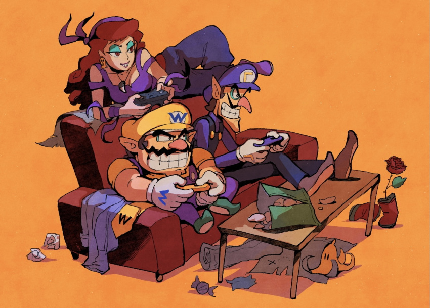 1girl 2boys banana_peel bandana big_nose black_overalls blue_eyeshadow captain_syrup controller couch eyeshadow facial_hair feet_on_table flower game_controller gloves hat jewelry makeup mario_(series) multiple_boys mustache necklace octopus_earrings on_couch orange_background overalls playing_games pointy_ears purple_bandana purple_hat purple_overalls red_hair rinabee_(rinabele0120) rose simple_background smirk waluigi wario wario_land white_gloves yellow_hat