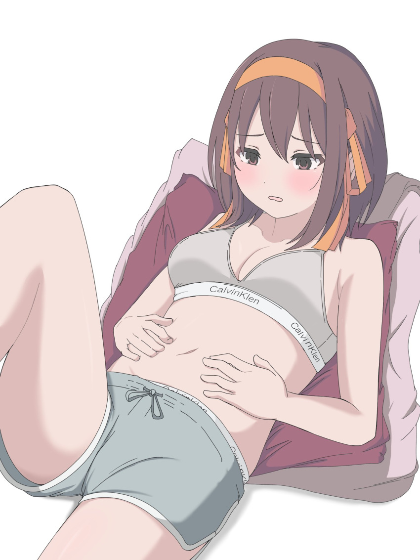 1girl bare_shoulders blush bob_cut bra breasts brown_eyes brown_hair cleavage clothes_writing collarbone commentary dolphin_shorts drawstring feet_out_of_frame grey_bra grey_shorts hairband hands_on_stomach highres knee_up looking_at_self looking_down lounging lying medium_breasts midriff navel no_shirt on_back panties panty_peek parted_lips pillow rai_iceblast raised_eyebrows short_hair short_shorts shorts simple_background solo suzumiya_haruhi suzumiya_haruhi_no_yuuutsu underwear weight_conscious white_background worried yellow_hairband