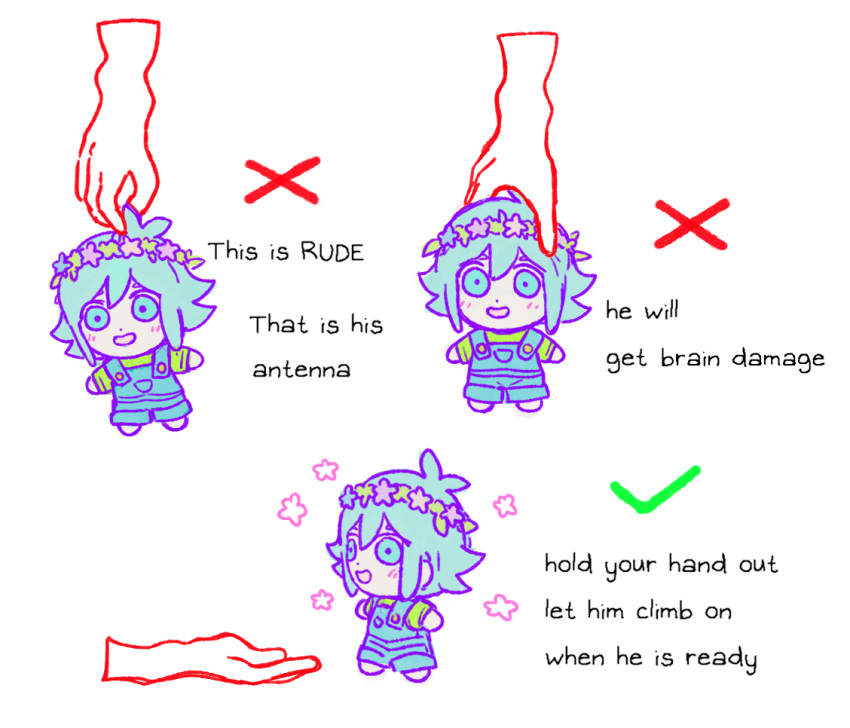 1boy aqua_eyes aqua_hair bad_id bad_tumblr_id basil_(headspace)_(omori) basil_(omori) blue_overalls checkmark english_text flower_wreath green_shirt head_wreath how_to_hold_x_(meme) looking_at_viewer meme omori open_mouth overall_shorts overalls shirt short_hair short_sleeves simple_background smile white_background x yuilu_(yuiluqqq)