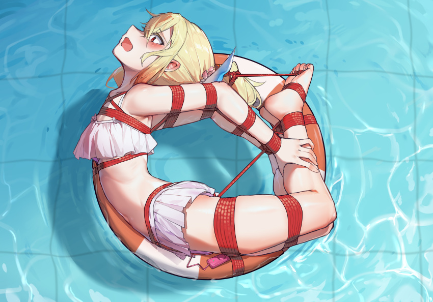 1girl absurdres afloat arched_back bdsm bikini bikini_skirt blonde_hair bondage bound bound_arms bound_legs egg_vibrator fuyou_lilienthal_yuuna highres innertube open_mouth ponytail red_eyes restrained sex_toy shibari solo swim_ring swimsuit vibrator white_bikini xiongmao yuuki_yuuna_wa_yuusha_de_aru yuusha_de_aru