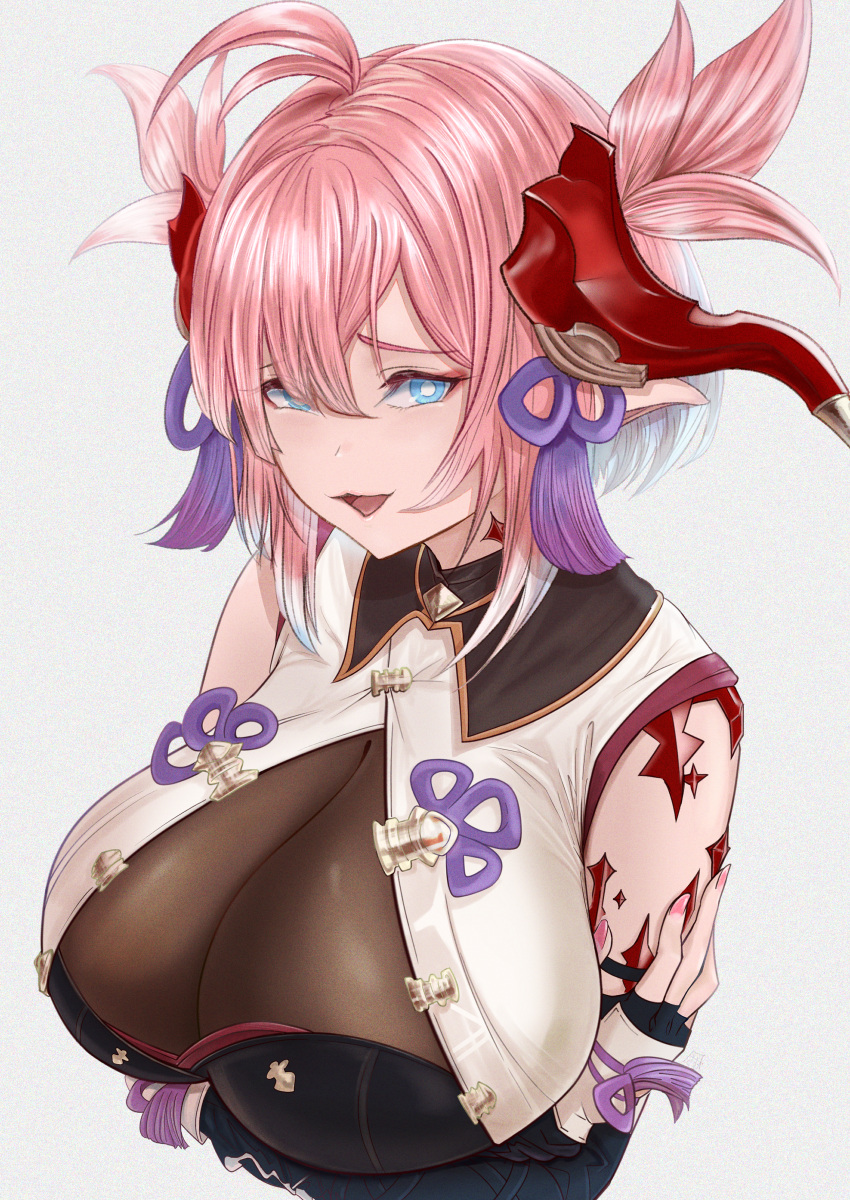 1girl absurdres ahoge arms_under_breasts blue_eyes breasts chichiri cleavage draph fujiyama_samu gradient_hair granblue_fantasy hair_ornament highres horns large_breasts looking_at_viewer multicolored_hair open_mouth pink_hair pointy_ears sleeveless smile solo tassel tassel_hair_ornament upper_body