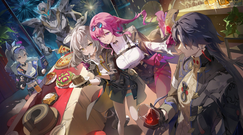 0jae 1boy 4girls absurdres alcohol armor black_hair black_jacket blade_(honkai:_star_rail) breastplate commentary cup cupping_glass dutch_angle eyewear_on_head food grey_eyes grey_hair helmet highres holding holding_cup honkai:_star_rail honkai_(series) jacket kafka_(honkai:_star_rail) long_hair long_sleeves midriff multiple_girls oak_cake_roll_(honkai:_star_rail) pizza pizza_slice ponytail purple_eyes purple_hair sam_(honkai:_star_rail) shirt silver_wolf_(honkai:_star_rail) stelle_(honkai:_star_rail) sunglasses trailblazer_(honkai:_star_rail) white_shirt wine