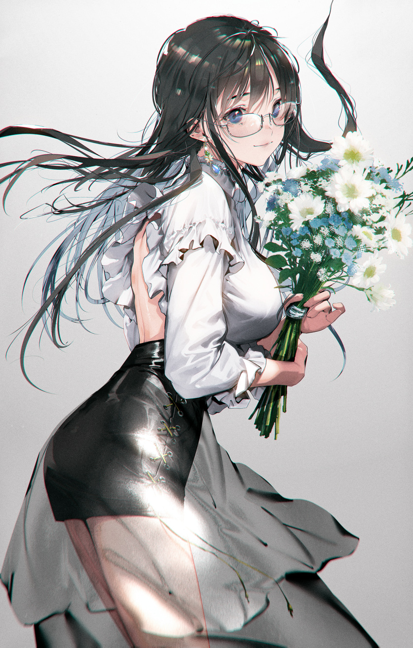 1girl absurdres animal_ears backless_outfit black_hair black_skirt blue_eyes blue_flower bouquet breasts chromatic_aberration closed_mouth cowboy_shot cross-laced_clothes cross-laced_skirt dated_commentary floating_hair flower frilled_sleeves frills from_side glasses grey_background highres holding holding_bouquet large_breasts looking_at_viewer original pencil_skirt see-through shiomi_(lowrise) shirt simple_background skirt sleeves_past_elbows smile solo standing white_flower white_shirt