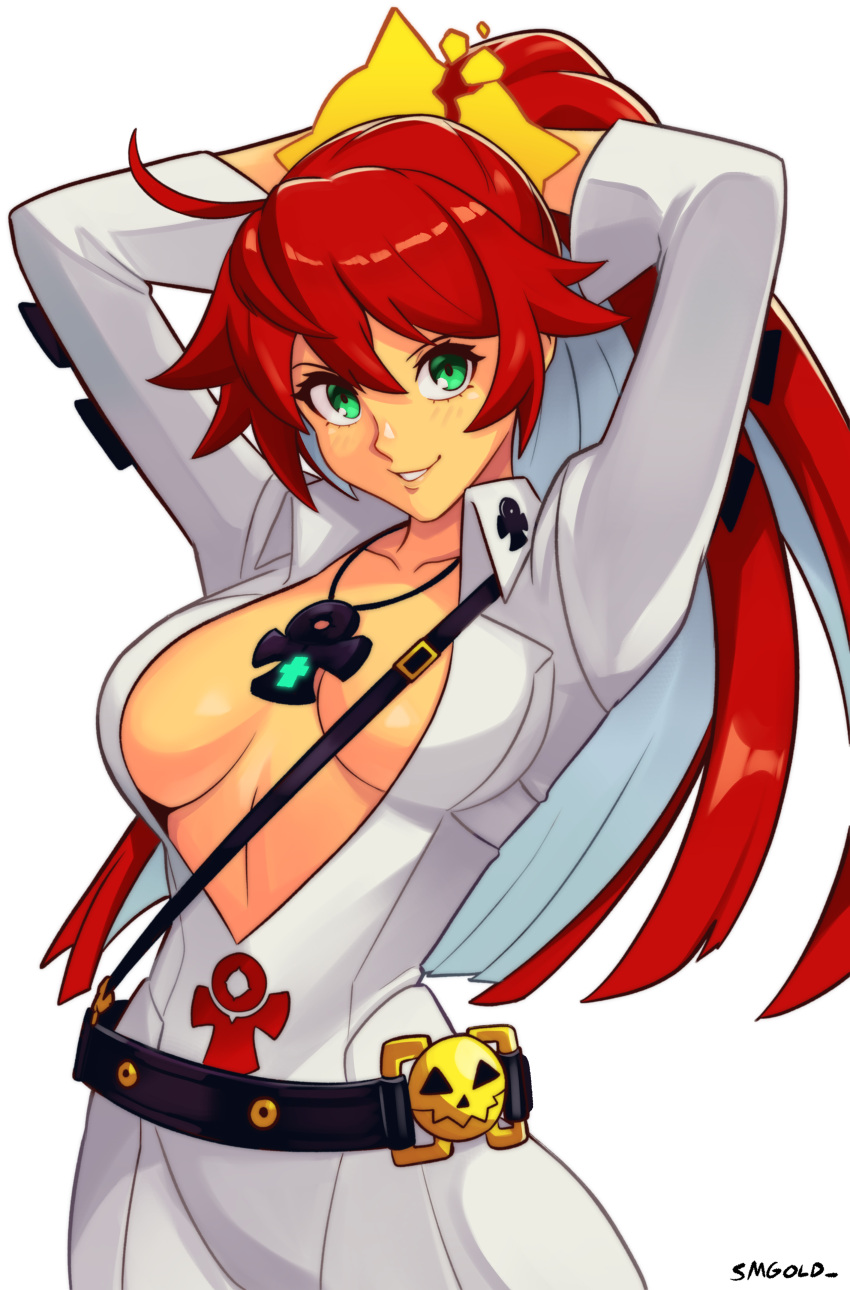 1girl absurdres alternate_hairstyle ankh blunt_ends bodysuit breasts gloves green_eyes guilty_gear guilty_gear_strive hair_between_eyes hair_up halo high_ponytail highres jack-o'_valentine large_breasts long_hair looking_at_viewer multicolored_hair ponytail red_hair smgold smile solo spiked_halo two-tone_hair white_bodysuit white_hair