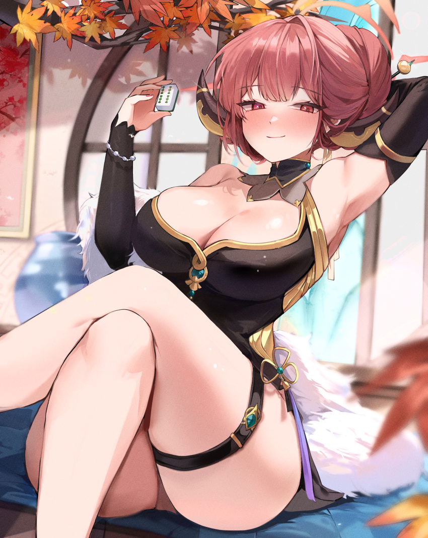 1girl absurdres arm_up armpits aru_(blue_archive) aru_(flowery_charms)_(blue_archive) autumn_leaves bare_shoulders blue_archive blurry blurry_foreground blush breasts bridal_gauntlets china_dress chinese_clothes cleavage clenched_hand crossed_legs depth_of_field dress fur_trim hair_bun halo highres holding holding_mahjong_tile horns large_breasts long_hair looking_at_viewer mahjong mahjong_soul mahjong_tile mindoll panties pantyshot pink_eyes pink_hair pink_halo red_dress smile thick_thighs thigh_strap thighs underwear