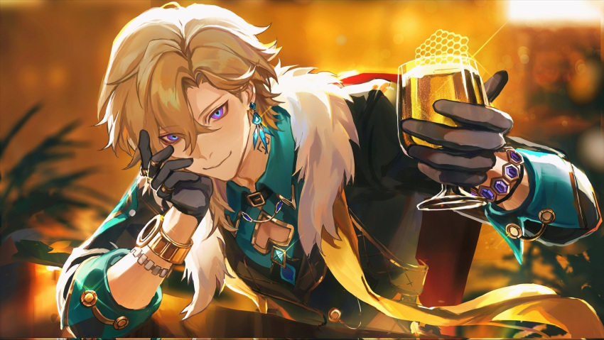 1boy aqua_shirt aventurine_(honkai:_star_rail) black_gloves blonde_hair bracelet closed_mouth clothing_cutout collared_shirt drink earrings fur_trim gloves hair_between_eyes highres holding honkai:_star_rail honkai_(series) jewelry looking_at_viewer male_focus multicolored_eyes pectoral_cleavage pectorals ring shirt short_hair solo thijikoy two-tone_eyes watch wristwatch