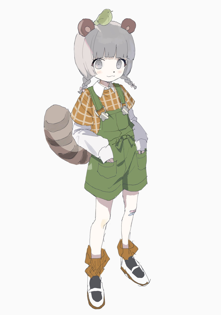 1girl :3 adapted_costume aged_down alternate_costume animal_ears blush braid brown_shirt brown_socks closed_mouth collared_shirt full_body green_overalls grey_eyes grey_hair hands_in_pockets highres layered_shirt layered_sleeves leaf leaf_on_head long_sleeves looking_at_viewer low_twin_braids medium_hair mode_aim overall_shorts overalls plaid plaid_shirt ponpoko_(vtuber) raccoon_ears raccoon_girl raccoon_tail shikaiq shirt shoes short_over_long_sleeves short_sleeves smile socks solo tail tail_raised twin_braids uwabaki virtual_youtuber white_shirt