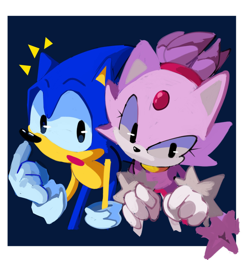 1boy 1girl animal_ears black_eyes blaze_the_cat blue_fur cat_ears cat_girl cat_tail forehead_jewel fur-trimmed_gloves fur_trim furry furry_female furry_male gloves highres legochet open_mouth ponytail purple_fur simple_background sonic_(series) sonic_the_hedgehog tail white_gloves