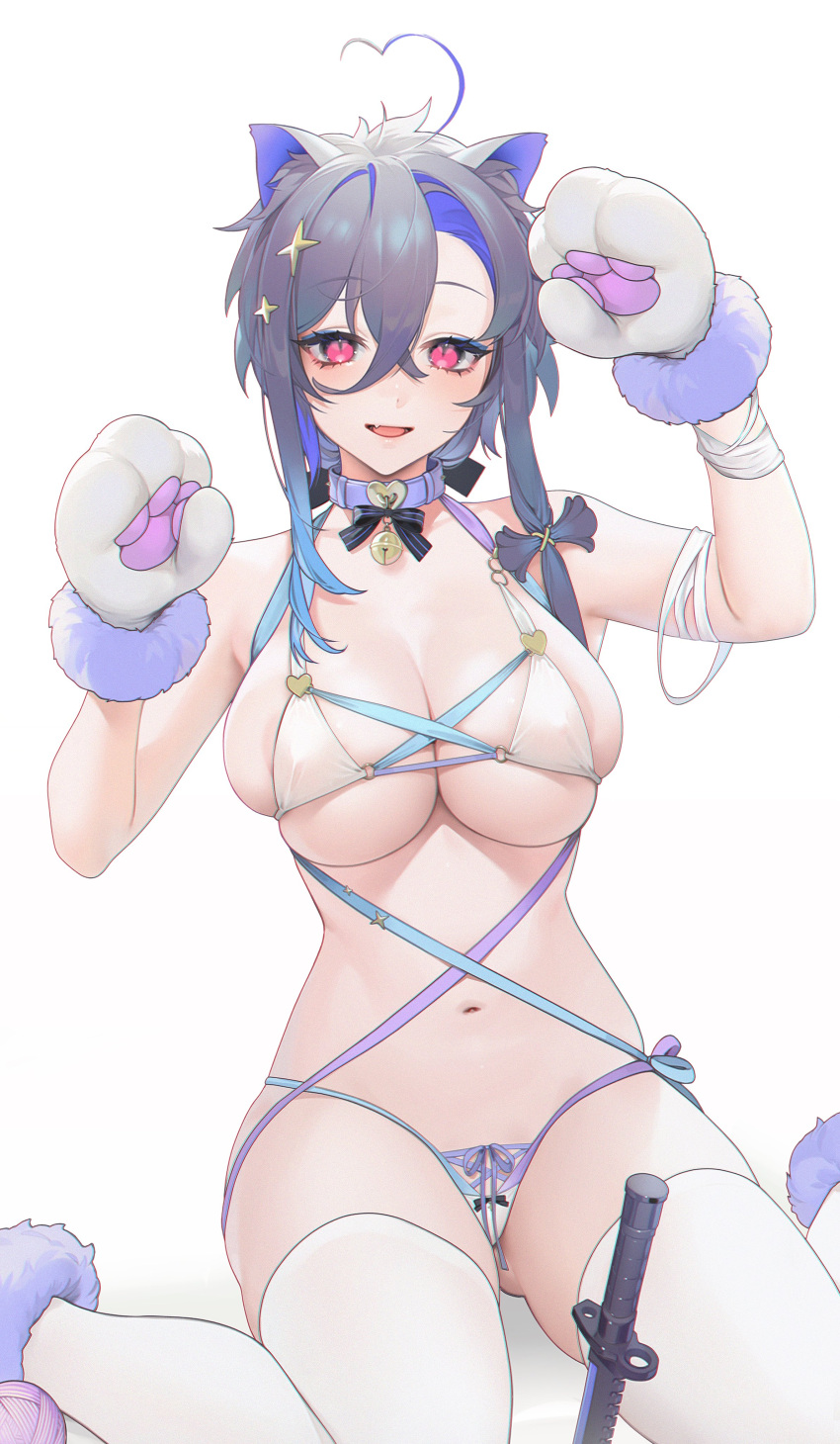 1girl 504_gateway absurdres ahoge animal_collar animal_ears animal_hands areola_slip asymmetrical_bangs azur_lane bell bikini blue_hair breasts cat_ears cleavage collar colored_inner_hair covered_nipples crossed_bangs foch_(azur_lane) gloves grey_hair hair_between_eyes hair_over_shoulder hands_up heart heart_ahoge highres knife large_breasts looking_at_viewer micro_bikini multicolored_hair navel neck_bell paw_gloves paw_pose ribbon sidelocks simple_background slit_pupils solo swimsuit thighhighs white_background white_thighhighs