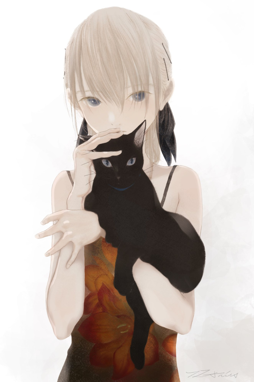 1girl animal black_cat blonde_hair blue_eyes cat hair_between_eyes hair_ornament hairclip hands_up highres holding junito715 looking_at_viewer original signature solo upper_body