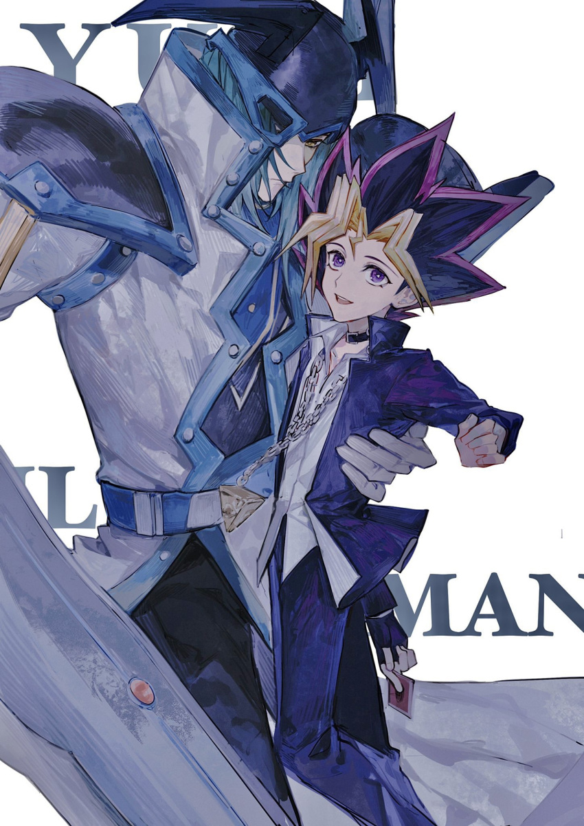 2boys arm_up armor bad_id bad_lofter_id belt black_hair black_helmet black_pants blonde_hair blue_belt blue_hair blue_jacket blue_pants bright_pupils card chain_necklace character_name coat collar domino_high_school_uniform duel_monster expressionless fingerless_gloves gloves hand_on_another's_back happy height_difference high_collar highres holding holding_card holding_sword holding_weapon jacket jewelry long_hair male_focus millennium_puzzle multicolored_hair multiple_boys muto_yugi naoki_(2rzmcaizerails6) necklace open_clothes open_coat open_jacket open_mouth pants pauldrons purple_eyes purple_hair school_uniform shirt shoulder_armor silent_swordsman single_fingerless_glove smile spiked_helmet sword teeth trading_card upper_body upper_teeth_only weapon white_background white_coat white_shirt yellow_eyes yu-gi-oh! yu-gi-oh!_duel_monsters