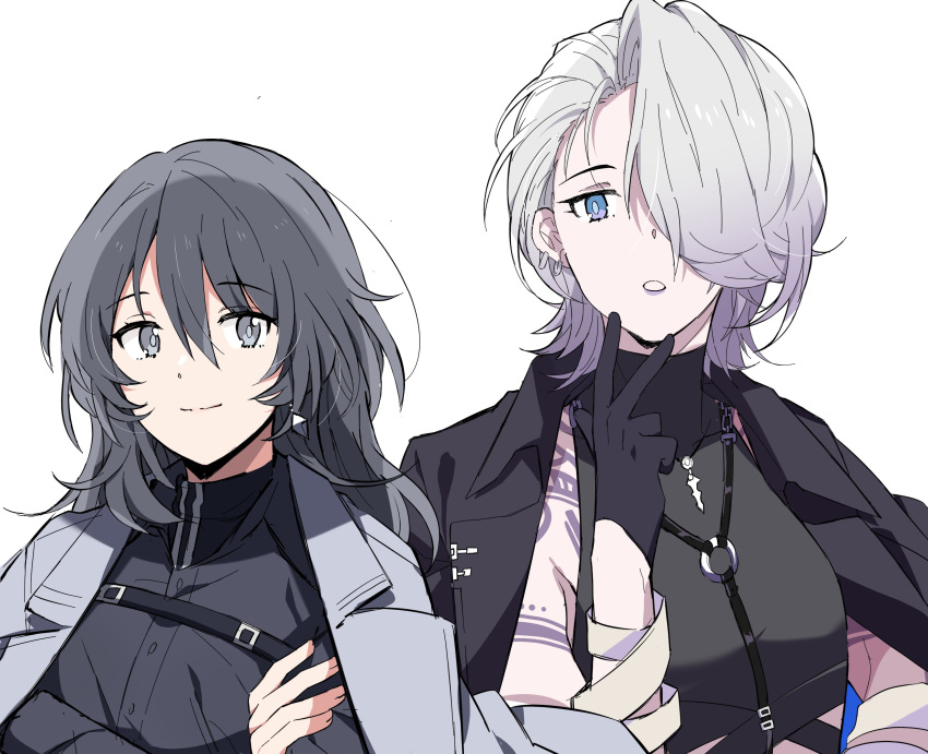 2girls absurdres arm_tattoo black_coat black_gloves black_hair black_shirt blue_eyes chest_strap chief_(path_to_nowhere) closed_mouth coat coat_on_shoulders collared_shirt commentary_request crossed_arms female_chief_(path_to_nowhere) gloves grey_coat grey_eyes grey_hair hair_over_one_eye hand_up harness highres korean_commentary long_hair looking_at_viewer medium_hair multiple_girls neck o-ring o-ring_harness parted_lips path_to_nowhere sappazell shirt simple_background smile tattoo white_background zoya_(path_to_nowhere)