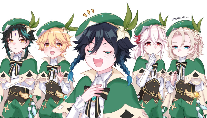 5boys aether_(genshin_impact) albedo_(genshin_impact) aqua_eyes beret black_bow black_bowtie black_hair black_ribbon blonde_hair blue_hair bow bowtie braid cape closed_eyes cosplay flower genshin_impact gradient_hair green_cape green_hat hair_flower hair_ornament hat highres jewelry kaedehara_kazuha kyou_0120 long_sleeves male_focus multicolored_hair multiple_boys open_mouth red_hair ribbon smile twin_braids venti_(genshin_impact) venti_(genshin_impact)_(cosplay) white_flower white_hair xiao_(genshin_impact) yellow_eyes