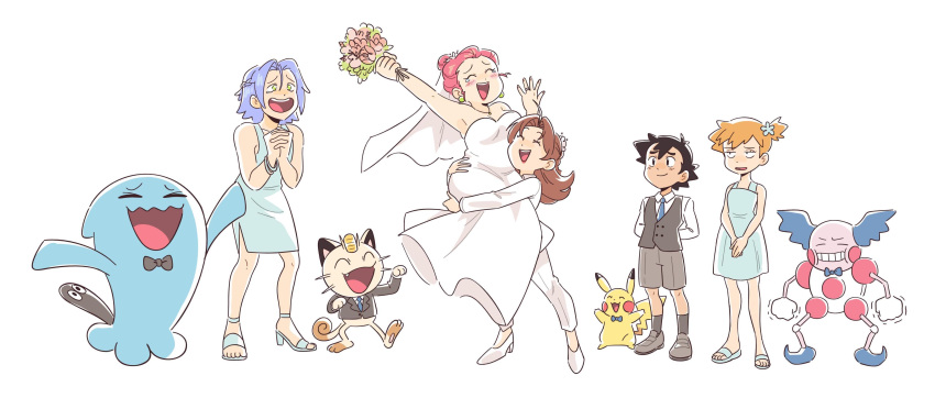 3girls 4boys absurdres ahoge alternate_hairstyle armpits arms_behind_back ash_ketchum blue_hair blush bouquet bow bowtie bridal_veil brown_hair closed_eyes crossdressing dahlia_(pokemon) dress earrings english_commentary green_hair high_heels highres holding holding_bouquet interlocked_fingers james_(pokemon) jessie_(pokemon) jewelry kiana_mai lipstick long_hair makeup meowth misty_(pokemon) mother_and_son mr._mime multiple_boys multiple_girls necklace necktie open_mouth pikachu pokemon pokemon_(anime) pokemon_(creature) red_hair ring shoes short_hair shorts simple_background smile suit tears teeth upper_teeth_only veil wedding_dress wedding_ring white_background wife_and_wife wobbuffet yuri