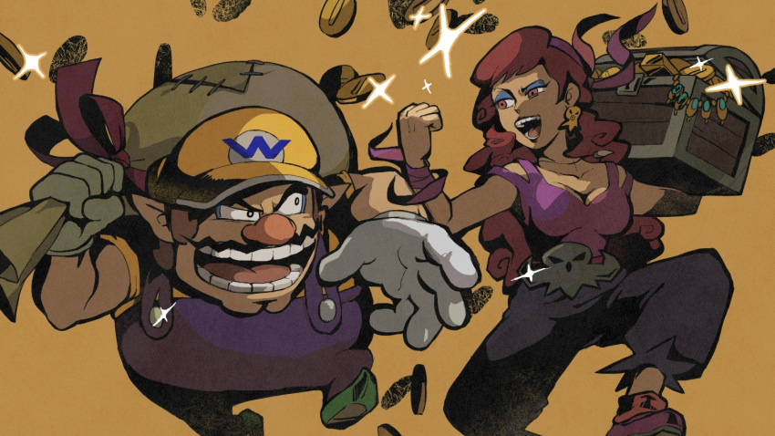 1boy 1girl bandana big_nose blue_eyeshadow brown_hair captain_syrup cleft_chin coin earrings eyeshadow facial_hair gloves gold_coin gold_necklace hat jewelry long_hair makeup mustache necklace octopus_earrings open_mouth overalls pointy_ears purple_overalls red_hair rinabee_(rinabele0120) shirt simple_background smirk sparkle treasure_chest wario wario_land white_gloves yellow_hat yellow_shirt