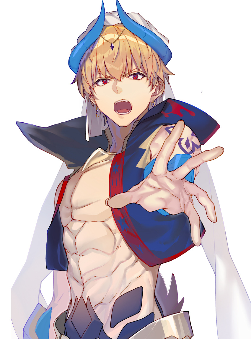 1boy abs absurdres arabian_clothes blonde_hair cropped_vest earrings fate/grand_order fate_(series) gilgamesh_(caster)_(fate) gilgamesh_(fate) hair_between_eyes hat highres jewelry male_focus open_mouth pectorals red_eyes robe short_hair simple_background solo tattoo toned toned_male tsukudani_(ore624) turban vest white_background white_robe