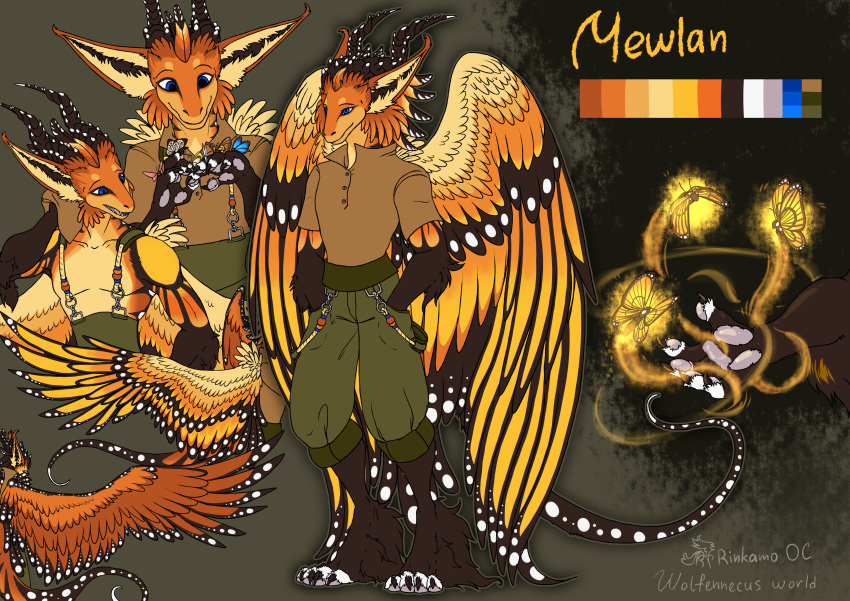 absurd_res anthro arthropod butterfly clothed clothing digital_media_(artwork) dragon fur hi_res horn insect lepidopteran male mythological_creature mythological_scalie mythology open_mouth pawpads paws rinkamo scalie signature simple_background smile solo spots tail wings wolfennecus(world)