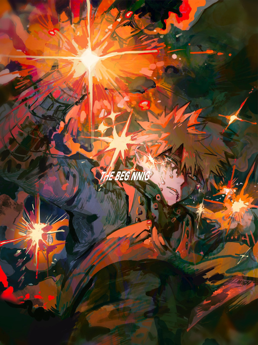 1boy arm_up bakugou_katsuki black_shirt blonde_hair blood blood_on_face boku_no_hero_academia crying crying_with_eyes_open english_text explosion gauntlets highres injury male_focus open_mouth orange_eyes orokudesu shirt short_hair solo spiked_hair tears upper_body