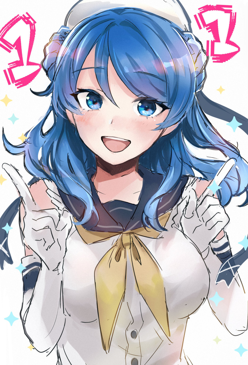 1girl absurdres anniversary blue_eyes blue_hair blush breasts double_bun doughnut_hair_bun elbow_gloves gloves hagioshi hair_bun hat highres kantai_collection large_breasts long_hair looking_at_viewer neckerchief open_mouth sailor_hat school_uniform serafuku shirt sleeves_rolled_up smile solo sparkle upper_body urakaze_(kancolle) white_background white_gloves white_hat white_shirt yellow_neckerchief