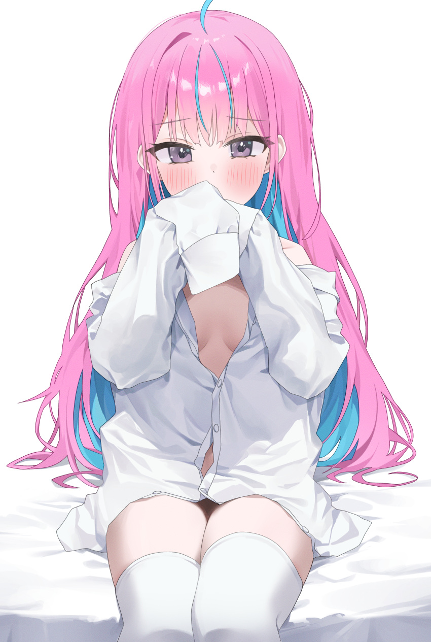 1girl absurdres ahoge bed_sheet blue_hair blush breasts colored_inner_hair commentary_request covering_own_mouth hair_down highres hololive light_blue_hair long_hair long_sleeves looking_at_viewer minato_aqua multicolored_hair nel_dcm pink_eyes pink_hair shirt sitting sleeves_past_fingers sleeves_past_wrists solo streaked_hair thighhighs two-tone_hair virtual_youtuber white_background white_shirt white_thighhighs