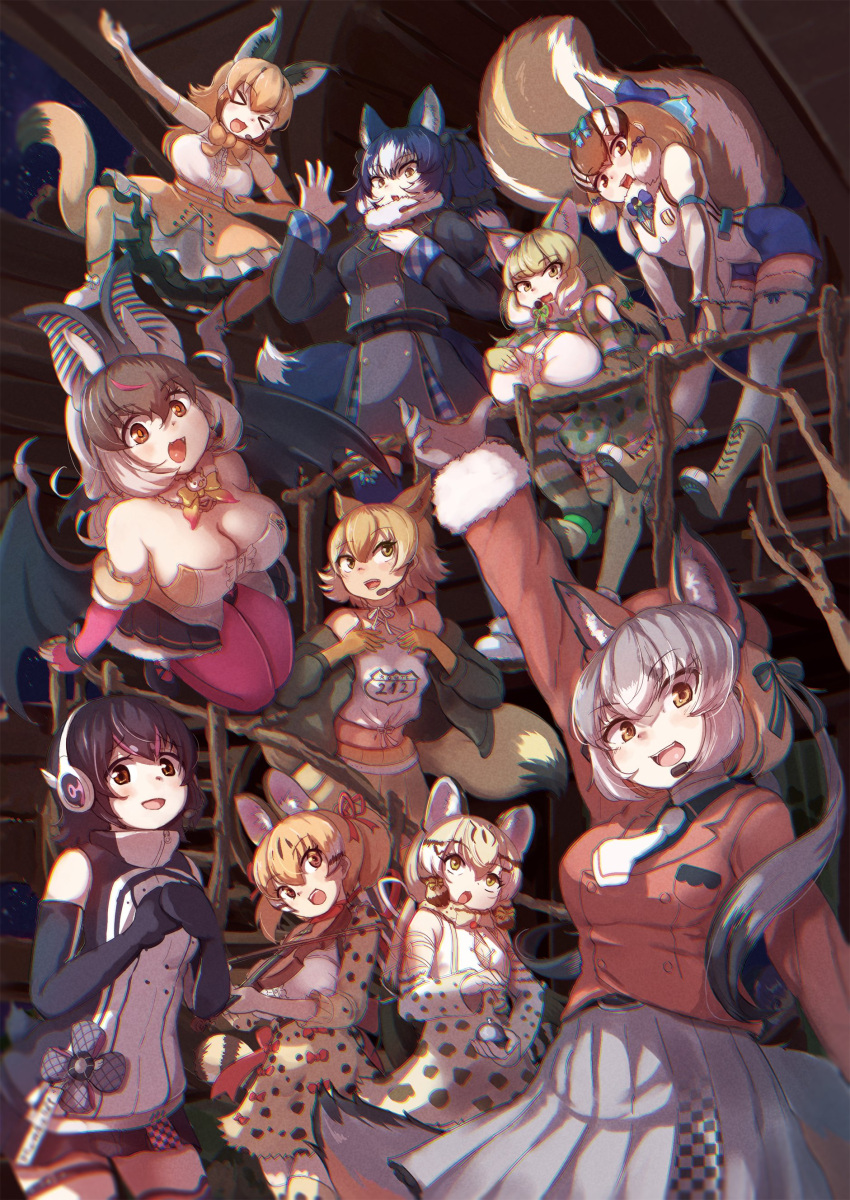 6+girls absurdres animal_ears bat_ears bat_girl bat_wings belt black_hair blonde_hair blue_hair boots bow bowtie brown_hair brown_long-eared_bat_(kemono_friends) camisole camouflage caracal_(kemono_friends) cat_ears cat_girl cat_tail chipmunk_ears chipmunk_girl chipmunk_tail coyote_(kemono_friends) dire_wolf_(kemono_friends) elbow_gloves extra_ears fox_ears fox_girl fox_tail geoffroy's_cat_(kemono_friends) gloves grey_hair hat highres hood hoodie humboldt_penguin_(kemono_friends) island_fox_(kemono_friends) jacket jungle_cat_(kemono_friends) kemono_friends kemono_friends_v_project large-spotted_genet_(kemono_friends) leotard long_hair looking_at_viewer microphone multiple_girls necktie okyao orange_hair pantyhose penguin_girl penguin_tail ribbon shirt short_hair shorts siberian_chipmunk_(kemono_friends) skirt sleeveless sleeveless_shirt suspenders tail thighhighs twintails vest virtual_youtuber wings wolf_ears wolf_girl wolf_tail