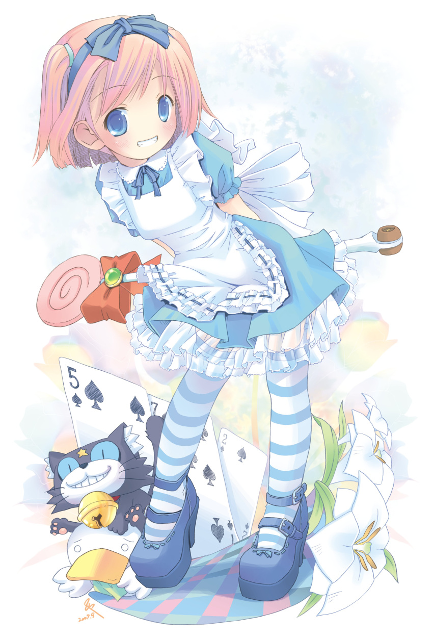 1girl absurdres ah-kun alice_(alice_in_wonderland) alice_(alice_in_wonderland)_(cosplay) alice_in_wonderland apron arms_behind_back blue_eyes blue_skirt blush bob_cut bow candy card checkered_floor cosplay floating_card flower food frills grin hairband highres holding ka-kun lily_(flower) lollipop moetan nijihara_ink no_nose photoshop_(medium) pink_hair pop_(electromagneticwave) ribbon short_hair skirt smile solo striped_clothes striped_thighhighs thighhighs two_side_up wand