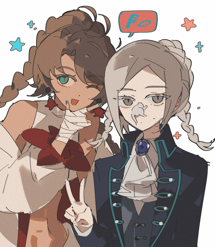 2girls ;d ascot bandaged_hand bandages black_coat blue_eyes braid coat dot_mouth foam grey_eyes grey_hair hand_on_own_chin highres hl_(iamawhitehippo) long_hair looking_at_viewer multiple_girls one_eye_closed reverse:1999 shirt sketch smile spathodea_(reverse:1999) speech_bubble star_(symbol) stroking_own_chin twin_braids upper_body v vertin_(reverse:1999) white_ascot white_coat white_shirt